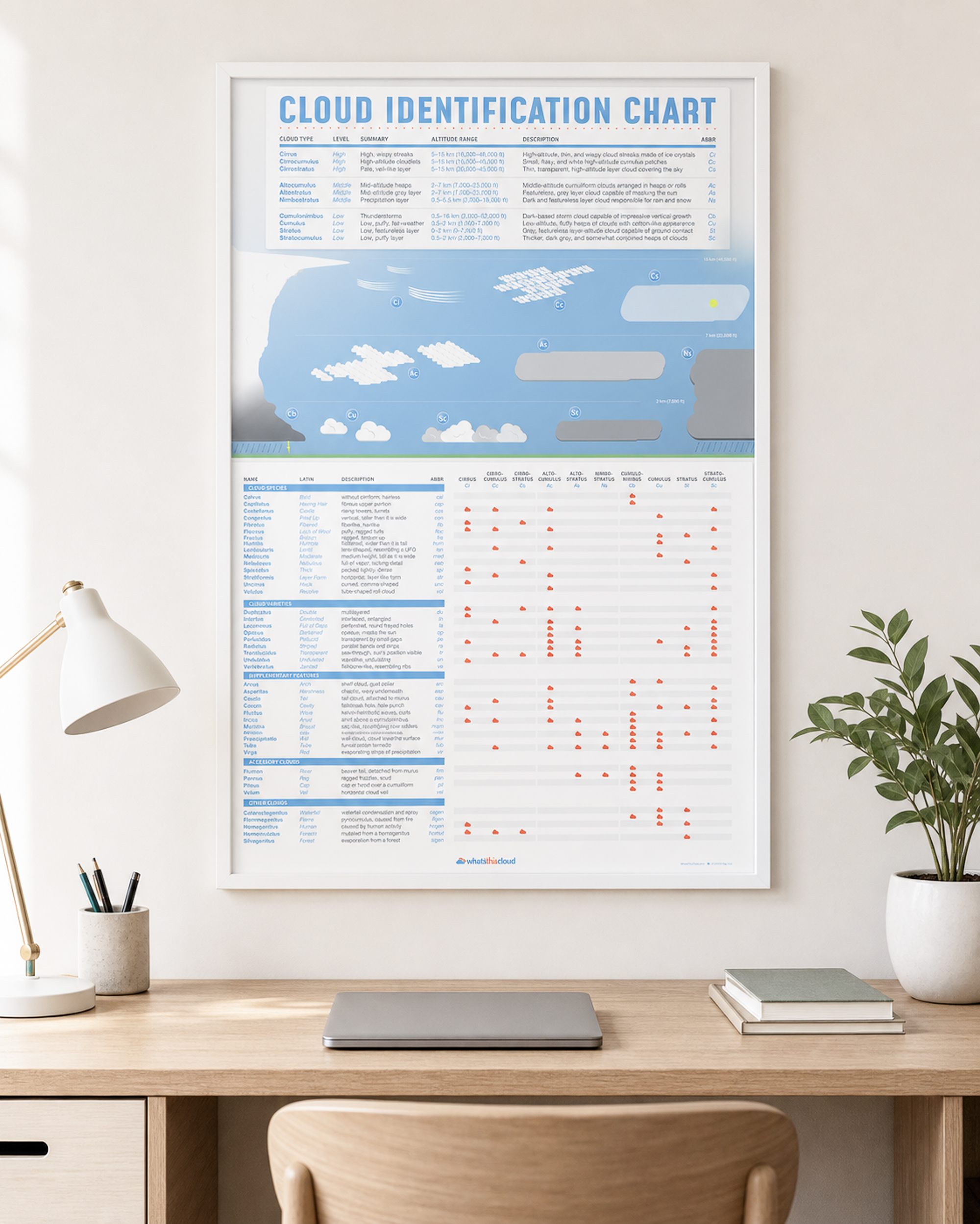 Cloud Identification Chart poster displayed in a white frame above a desk